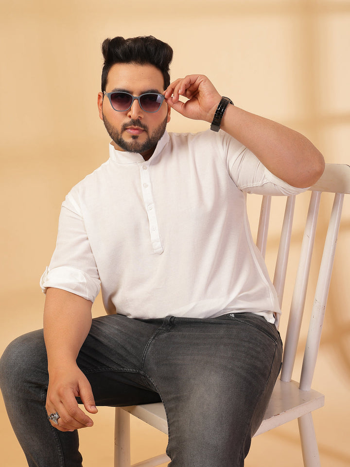 Plus Size Men White Yoke Design Patchwork Kurta