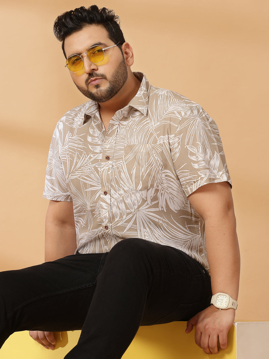 Plus Size Floral Printed Spread Collar Cotton Opaque Casual  Shirt