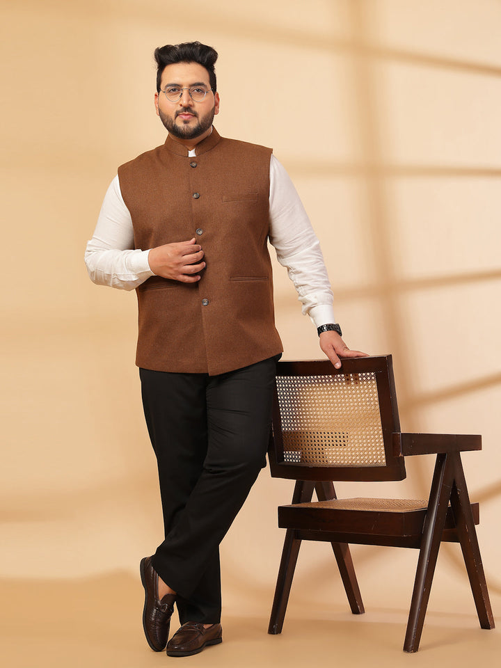 Plus Size Mandarin Collar Solid Woven Nehru Jacket