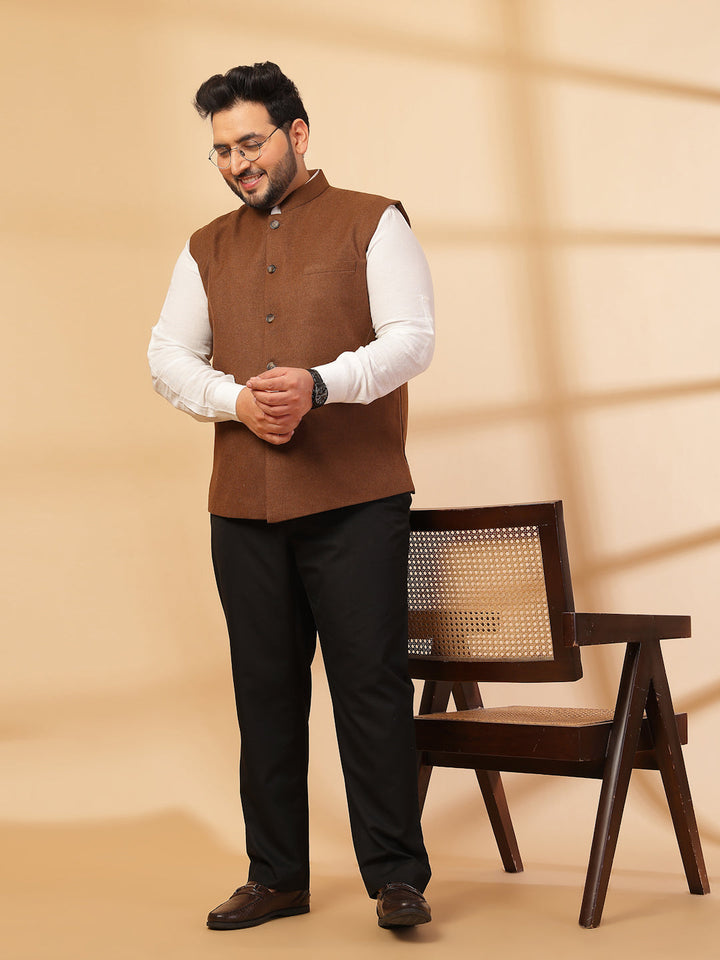 Plus Size Mandarin Collar Solid Woven Nehru Jacket