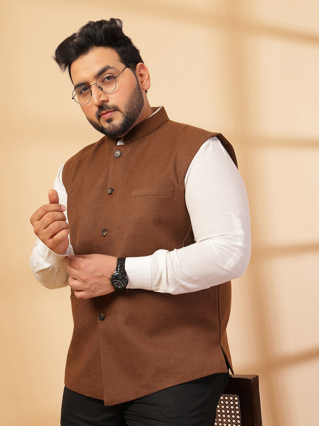 Plus Size Mandarin Collar Solid Woven Nehru Jacket