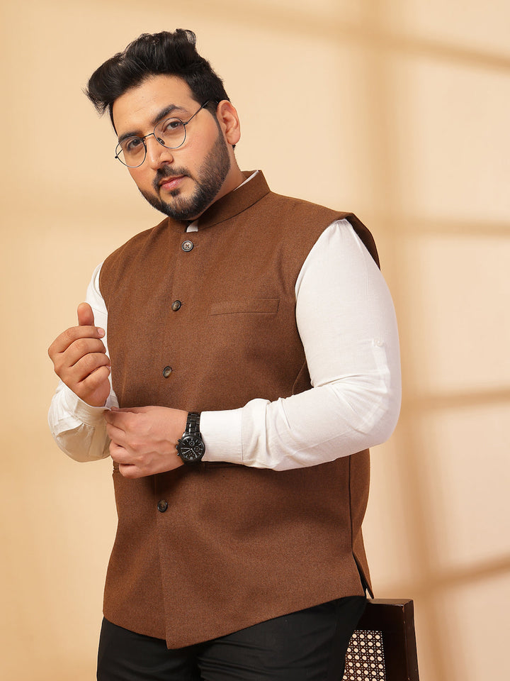 Plus Size Mandarin Collar Solid Woven Nehru Jacket