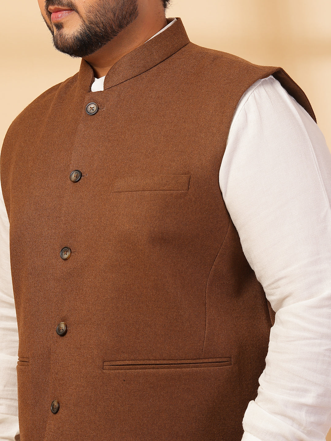 Plus Size Mandarin Collar Solid Woven Nehru Jacket