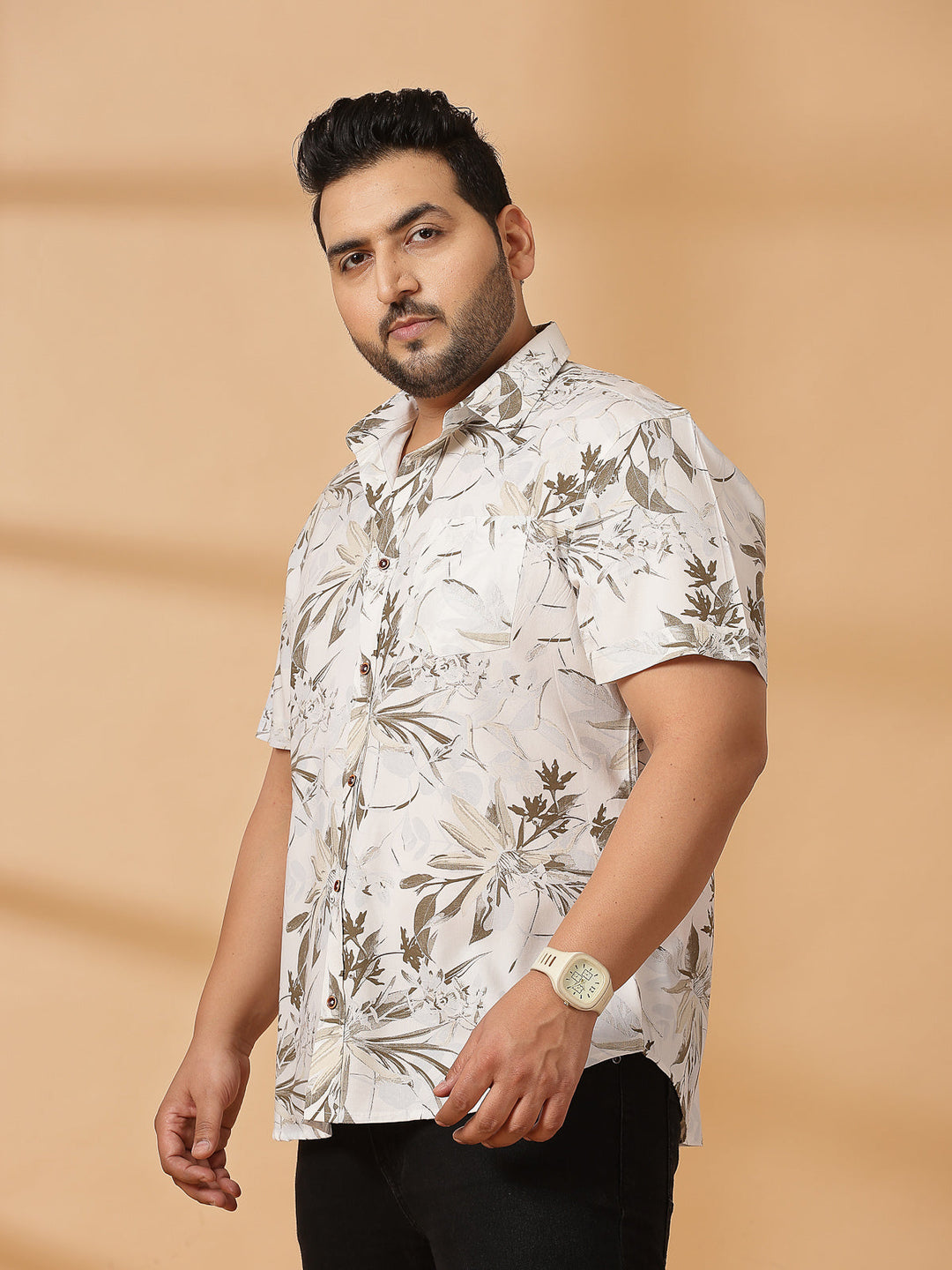 Plus Size  Brown Camouflage Printed Opaque Casual Shirt