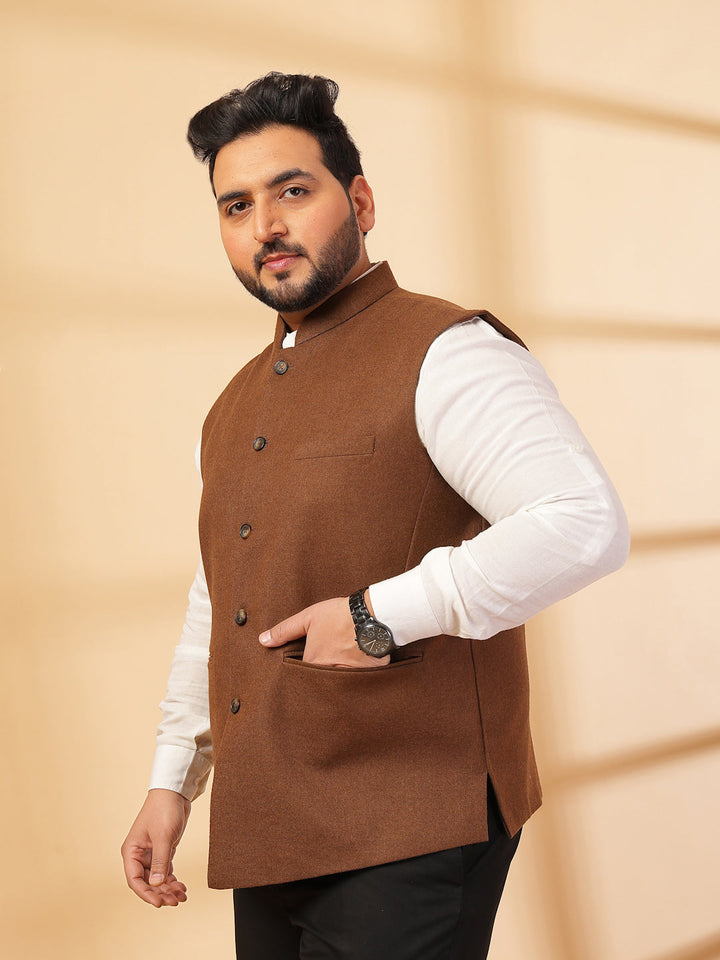 Plus Size Mandarin Collar Solid Woven Nehru Jacket