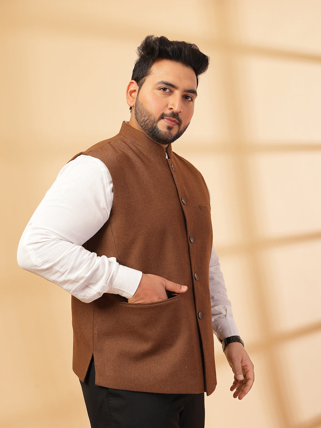 Plus Size Mandarin Collar Solid Woven Nehru Jacket