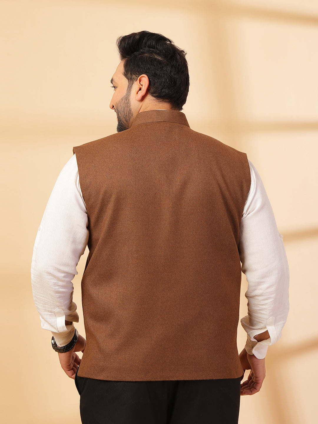 Plus Size Mandarin Collar Solid Woven Nehru Jacket