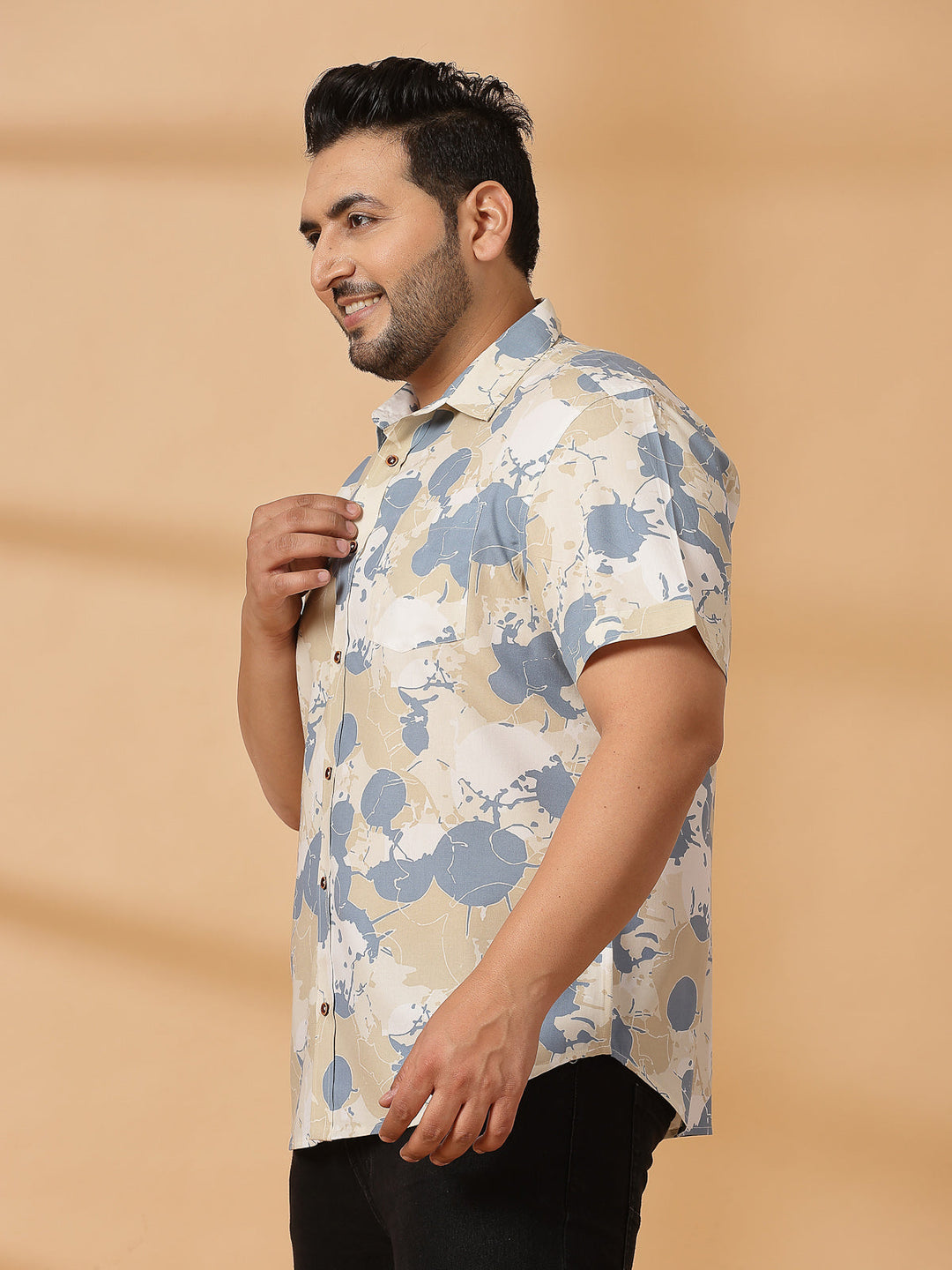 Plus Size Floral Printed Spread Collar Cotton Opaque Casual  Shirt