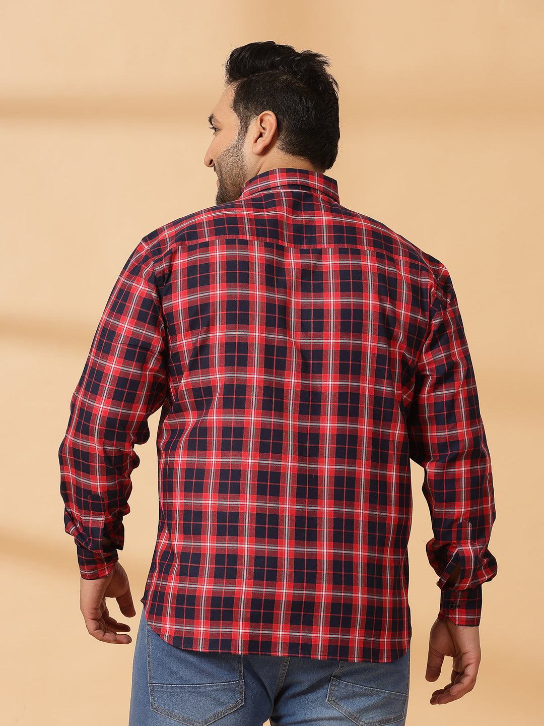 Plus Size Men  Spread Collar Tartan Checked Cotton Casual Shirt