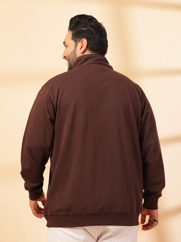 Plus Size Men Solid High Neck Cotton Front-Open Sweatshirt
