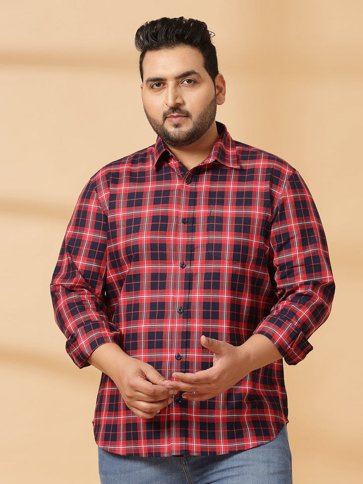 Plus Size Men  Spread Collar Tartan Checked Cotton Casual Shirt