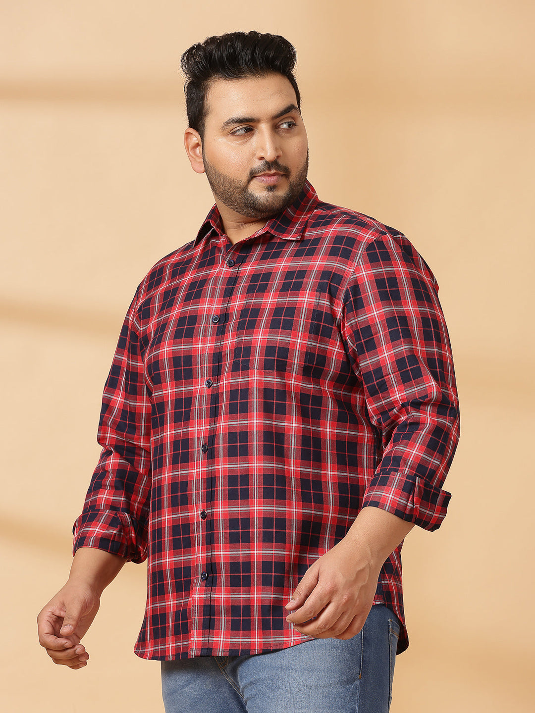 Plus Size Men  Spread Collar Tartan Checked Cotton Casual Shirt