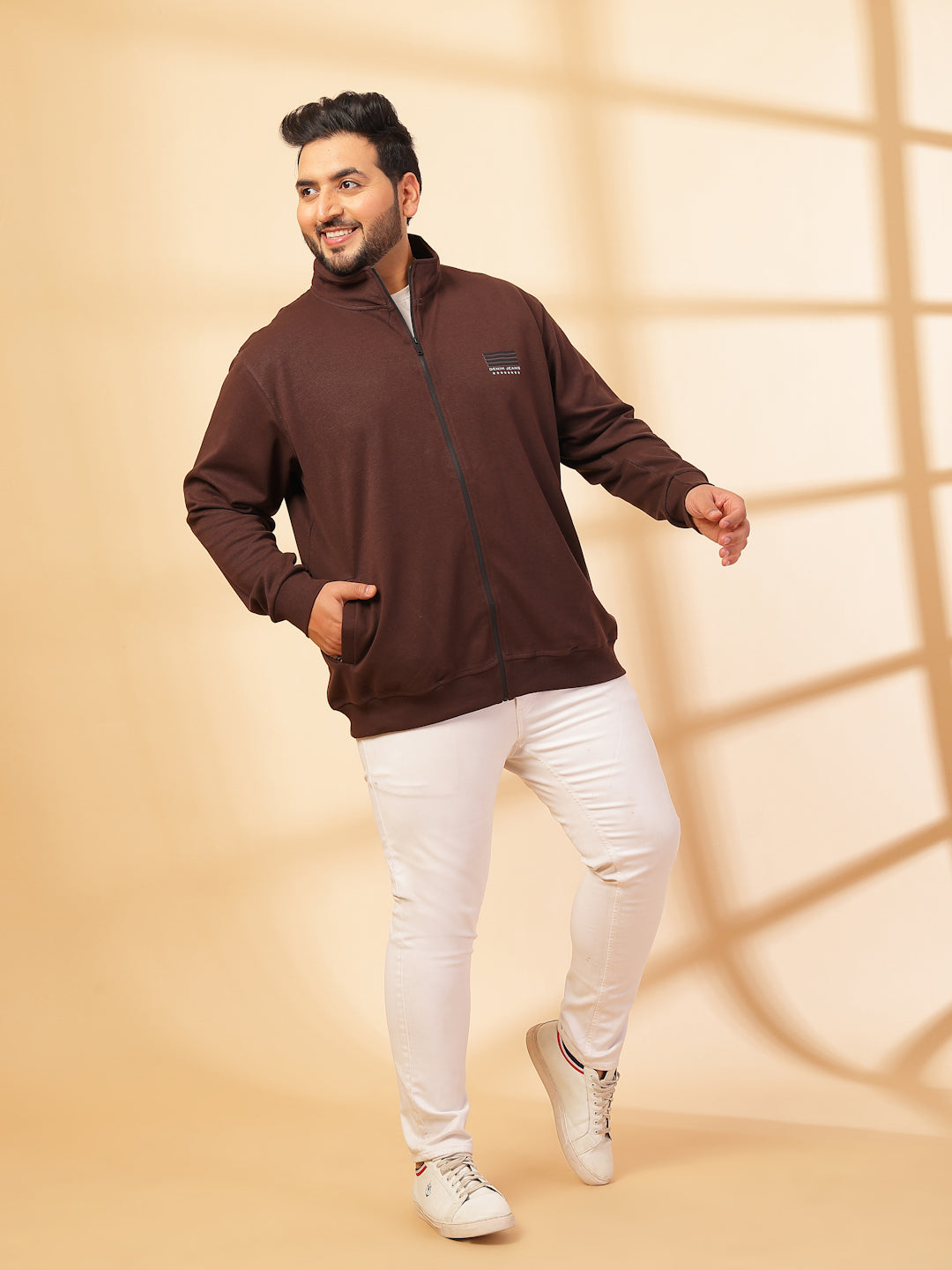 Plus Size Men Solid High Neck Cotton Front-Open Sweatshirt