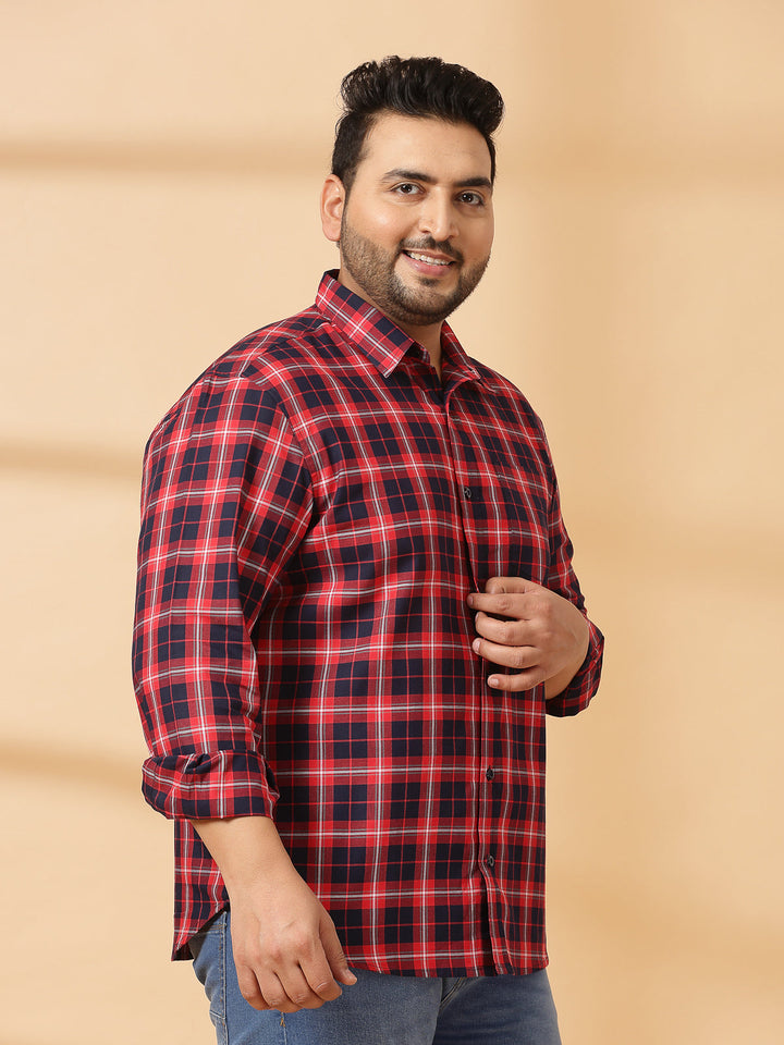 Plus Size Men  Spread Collar Tartan Checked Cotton Casual Shirt