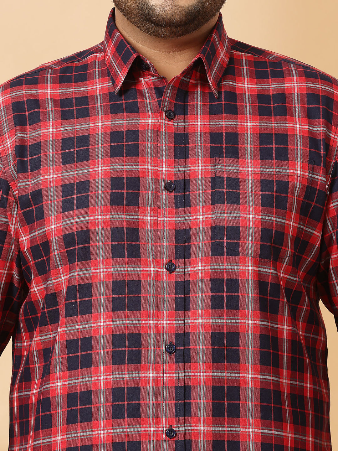 Plus Size Men  Spread Collar Tartan Checked Cotton Casual Shirt