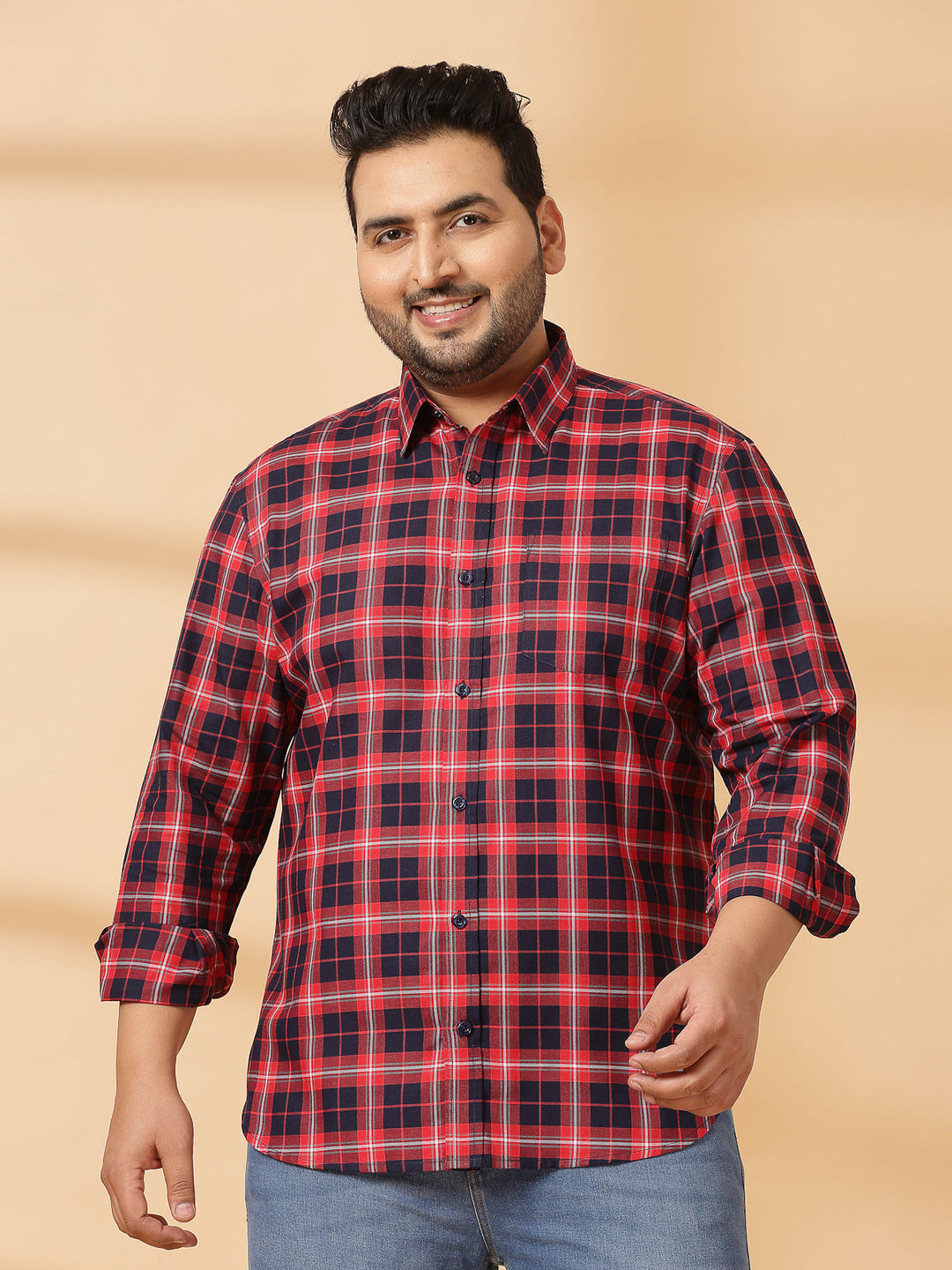 Plus Size Men  Spread Collar Tartan Checked Cotton Casual Shirt