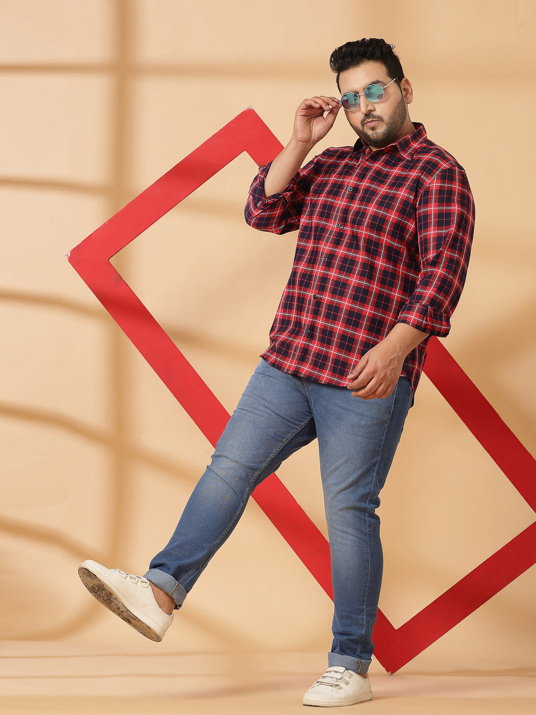 Plus Size Men  Spread Collar Tartan Checked Cotton Casual Shirt