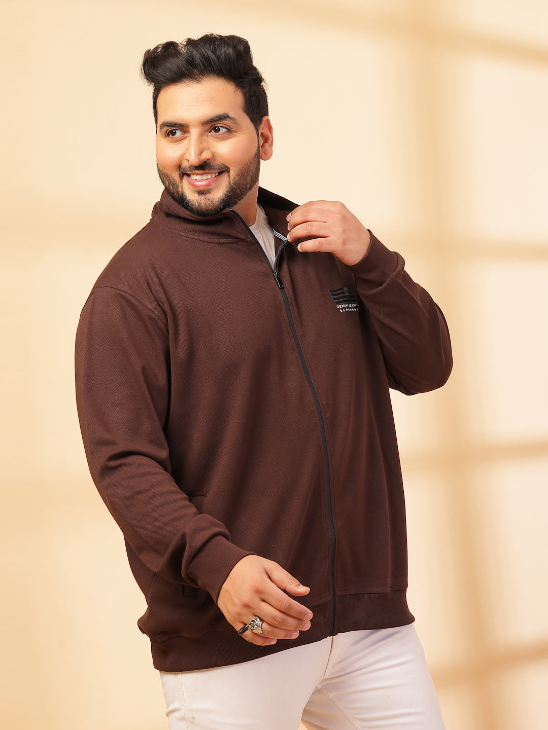 Plus Size Men Solid High Neck Cotton Front-Open Sweatshirt