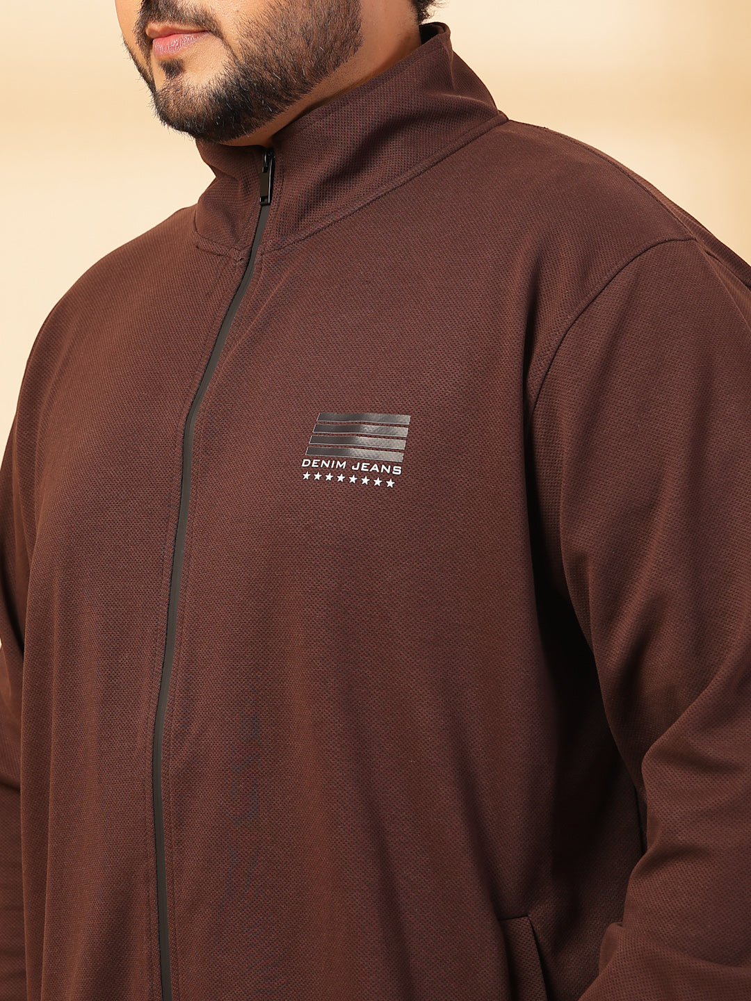 Plus Size Men Solid High Neck Cotton Front-Open Sweatshirt