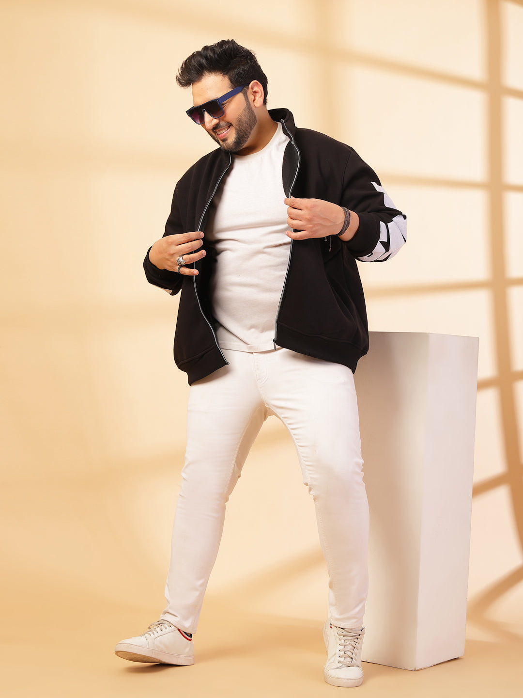 Plus Size Men Solid High Neck Cotton Front-Open Sweatshirt