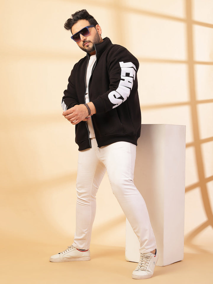 Plus Size Men Solid High Neck Cotton Front-Open Sweatshirt
