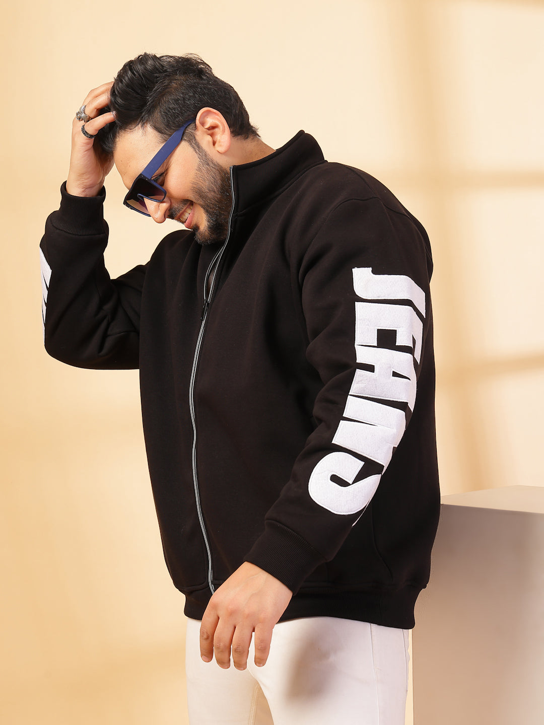 Plus Size Men Solid High Neck Cotton Front-Open Sweatshirt