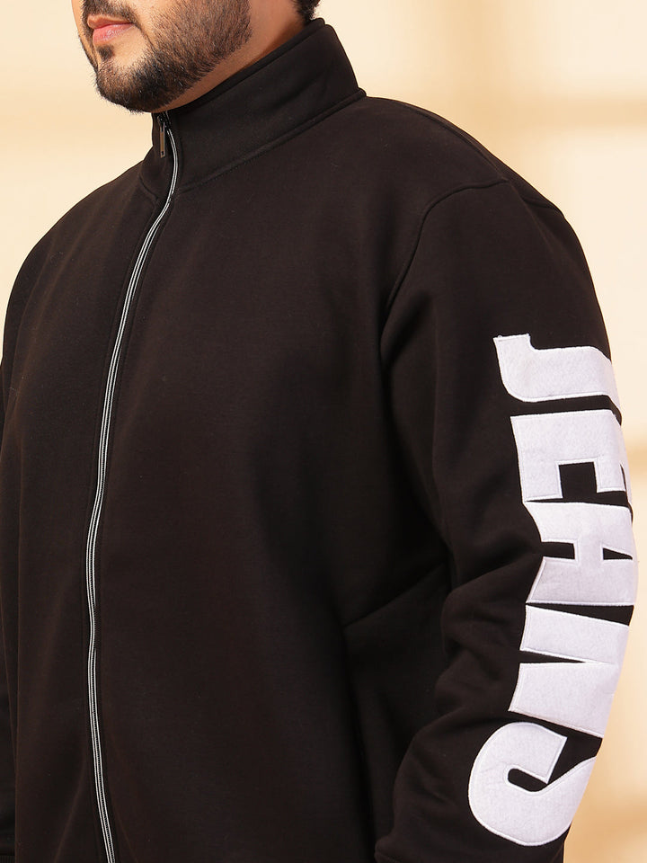 Plus Size Men Solid High Neck Cotton Front-Open Sweatshirt