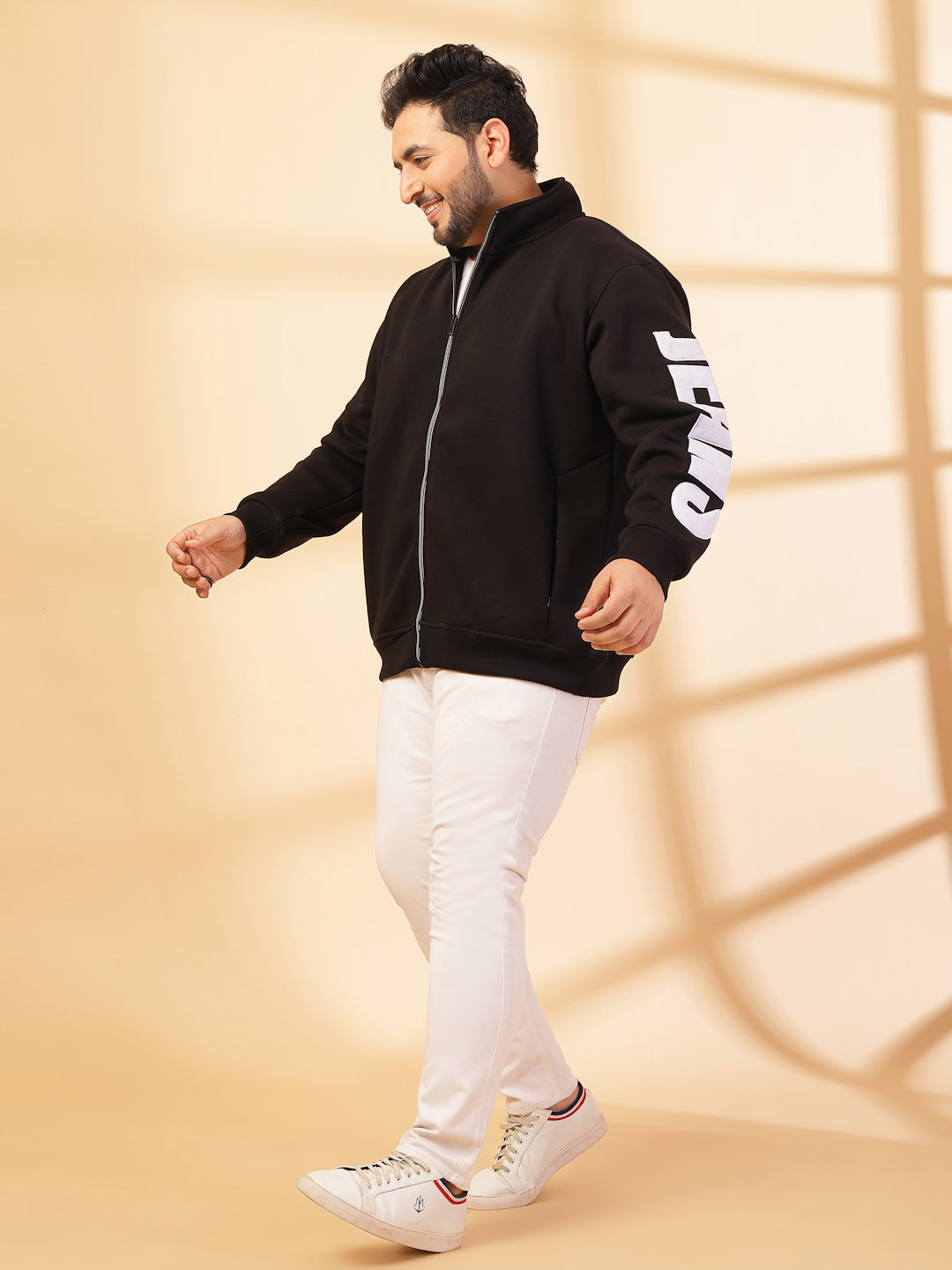 Plus Size Men Solid High Neck Cotton Front-Open Sweatshirt