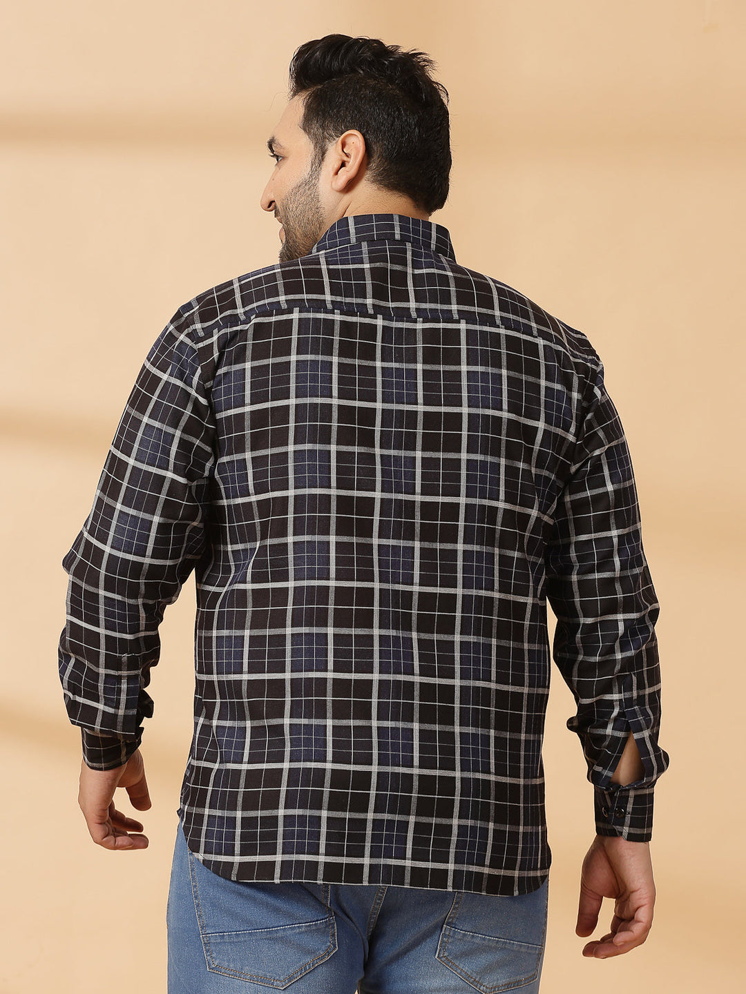 Plus Size Men Spread Collar Tartan Checked Cotton Casual Shirt