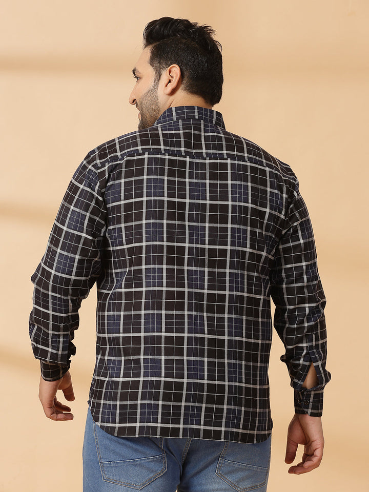 Plus Size Men Spread Collar Tartan Checked Cotton Casual Shirt