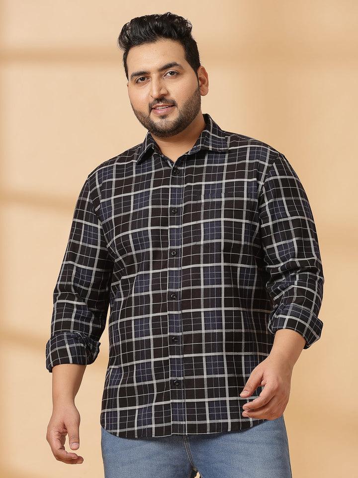 Plus Size Men Spread Collar Tartan Checked Cotton Casual Shirt