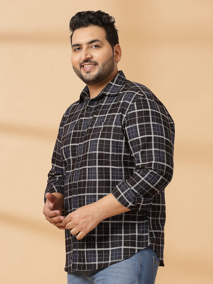 Plus Size Men Spread Collar Tartan Checked Cotton Casual Shirt