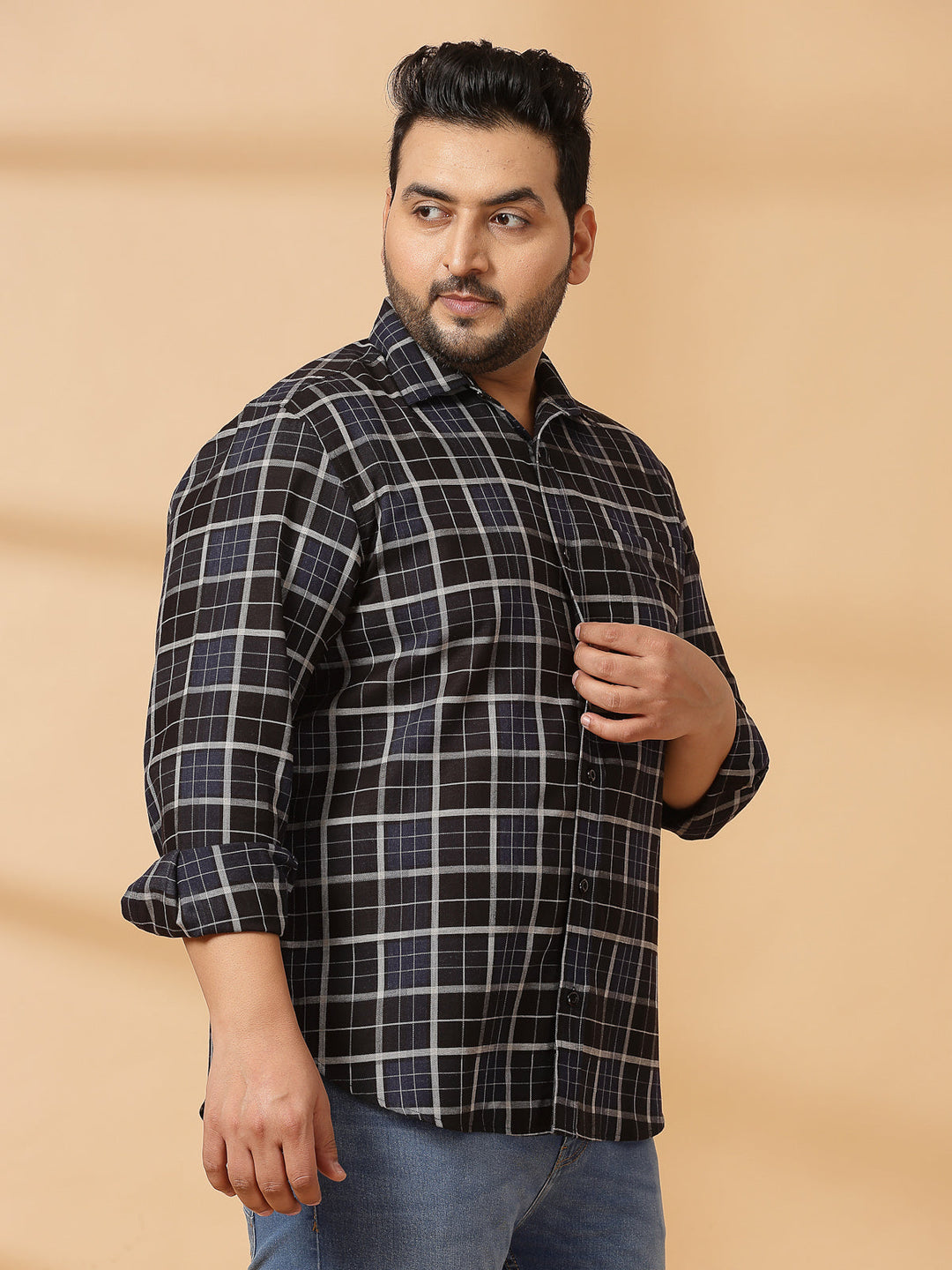 Plus Size Men Spread Collar Tartan Checked Cotton Casual Shirt