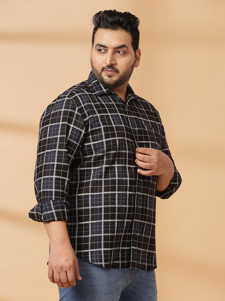 Plus Size Men Spread Collar Tartan Checked Cotton Casual Shirt
