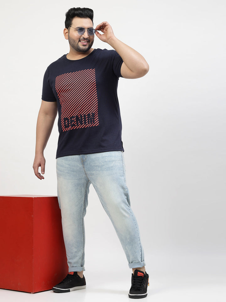 Plus Size Men Navy Blue Printed Pure Cotton T-shirt