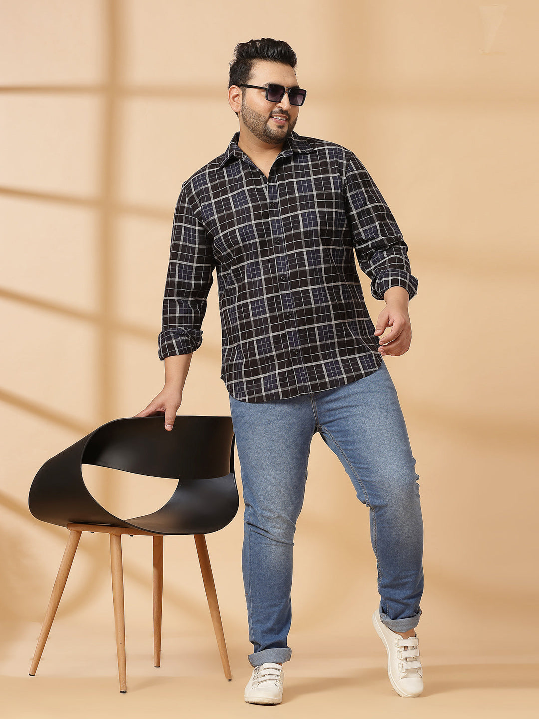 Plus Size Men Spread Collar Tartan Checked Cotton Casual Shirt