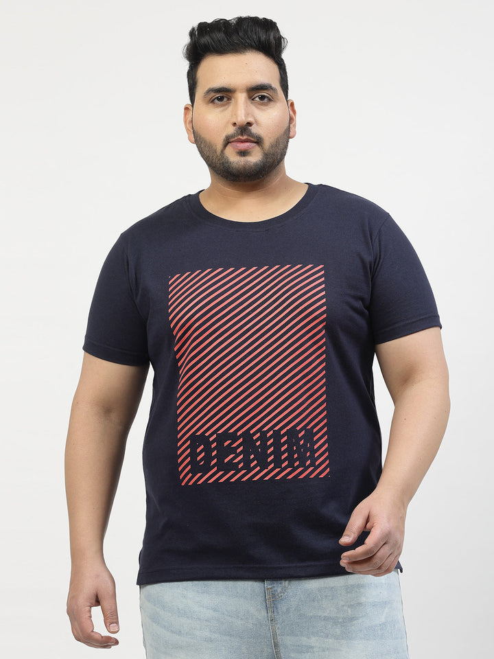 Plus Size Men Navy Blue Printed Pure Cotton T-shirt