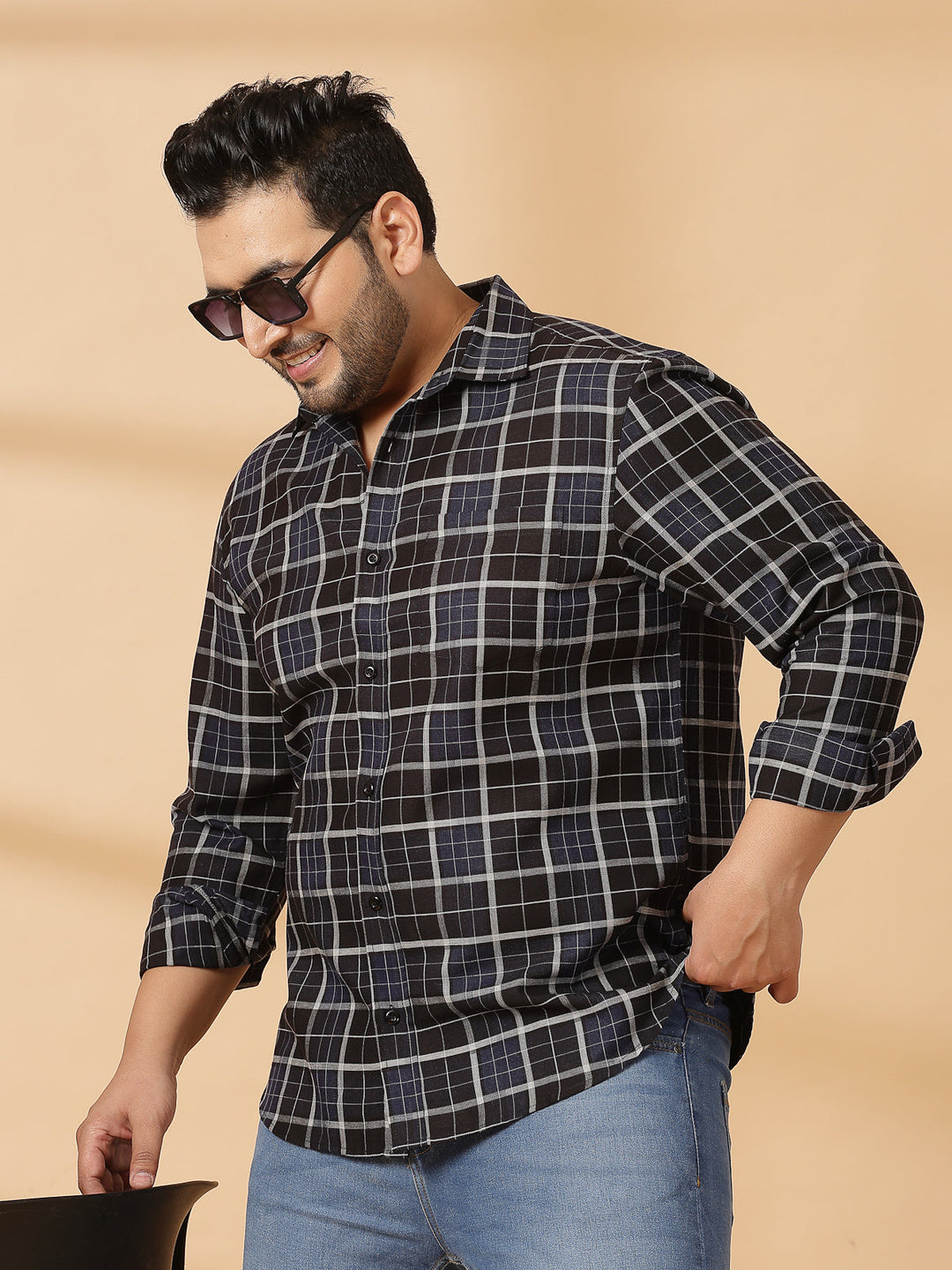 Plus Size Men Spread Collar Tartan Checked Cotton Casual Shirt
