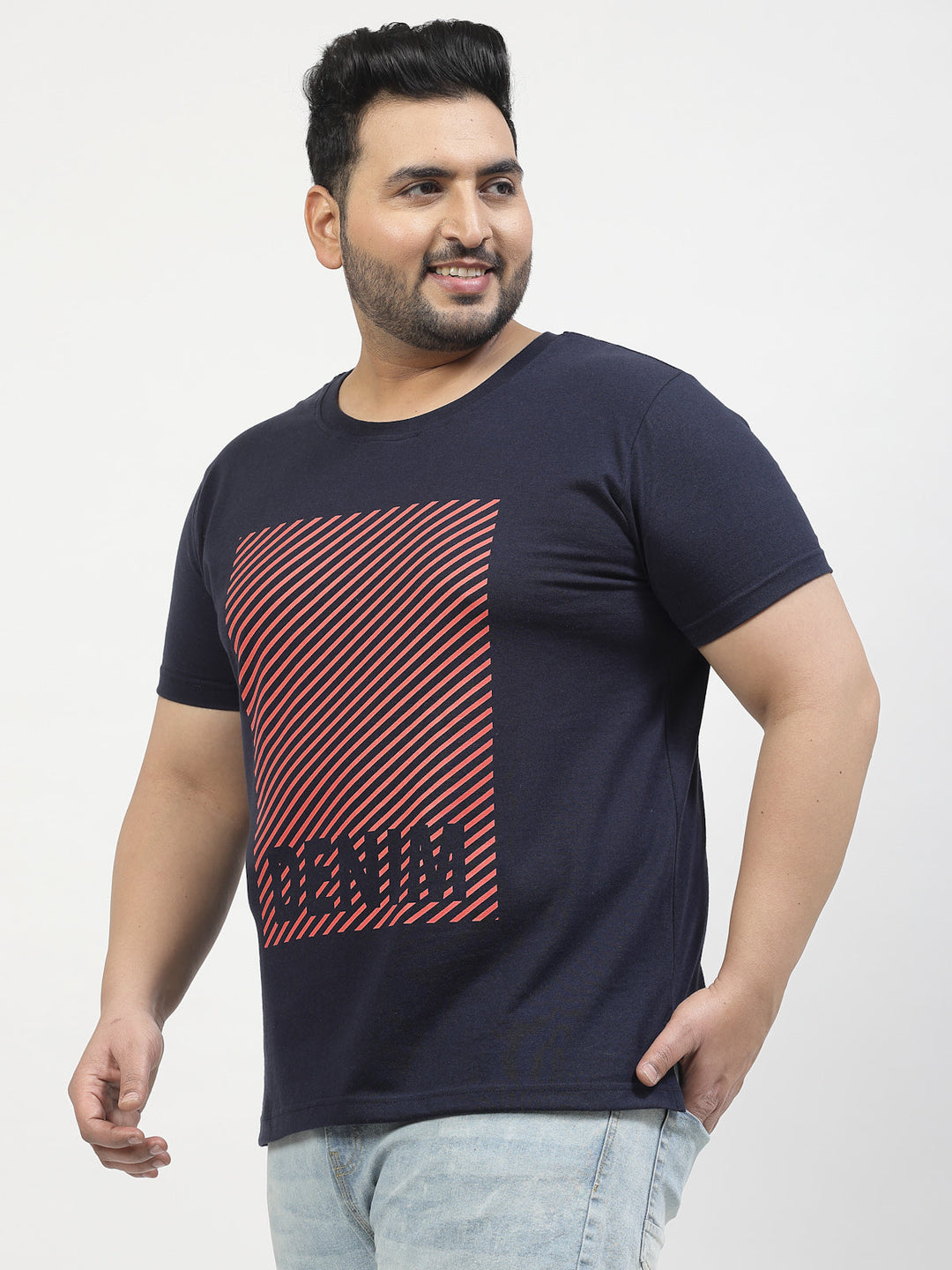 Plus Size Men Navy Blue Printed Pure Cotton T-shirt