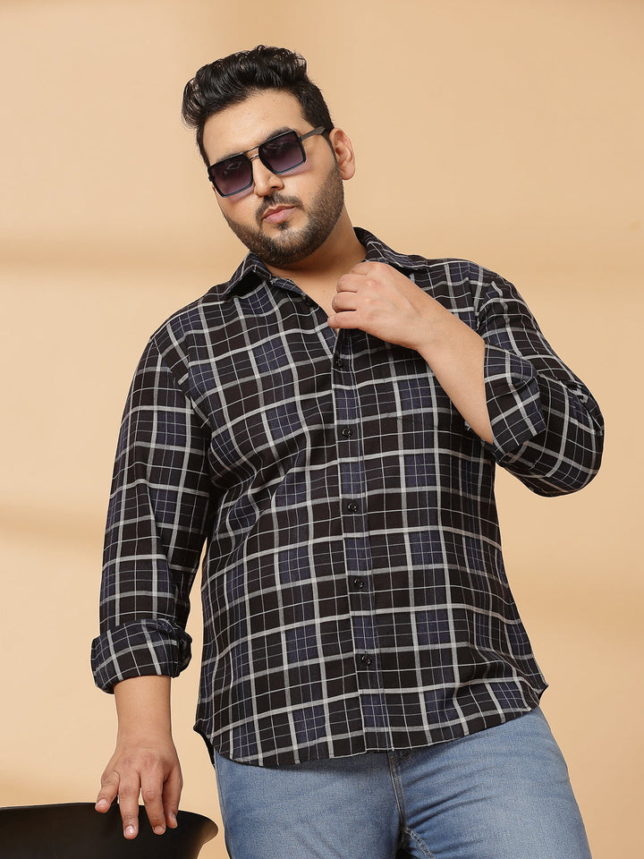 Plus Size Men Spread Collar Tartan Checked Cotton Casual Shirt