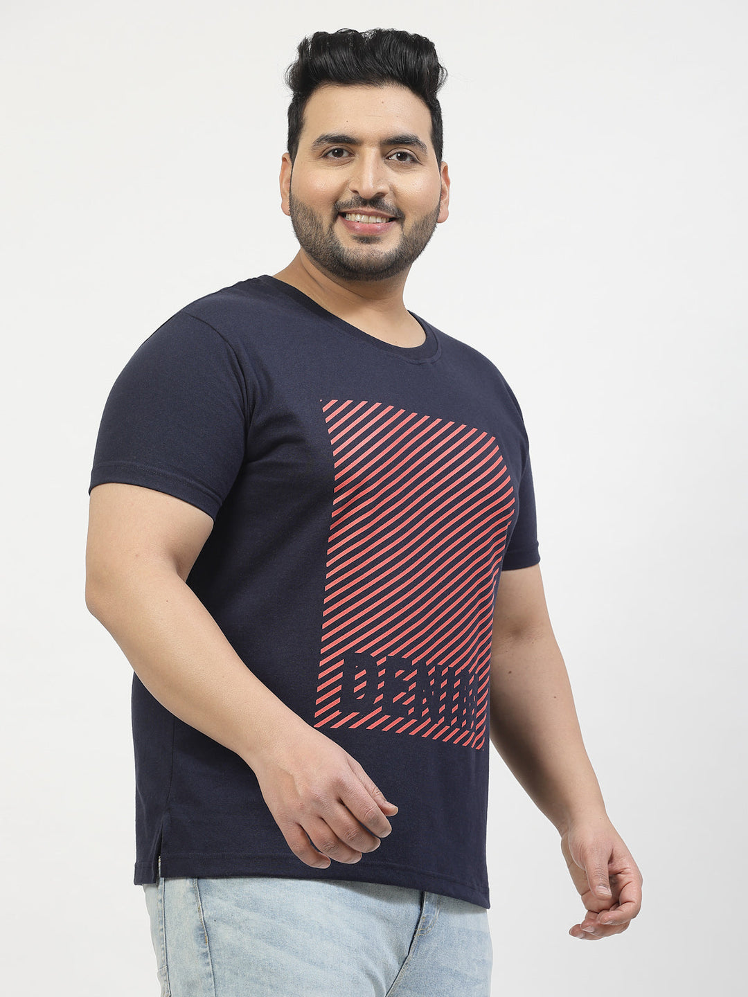 Plus Size Men Navy Blue Printed Pure Cotton T-shirt