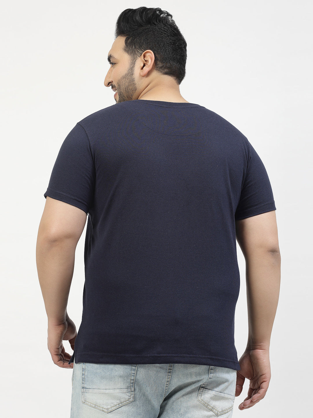 Plus Size Men Navy Blue Printed Pure Cotton T-shirt