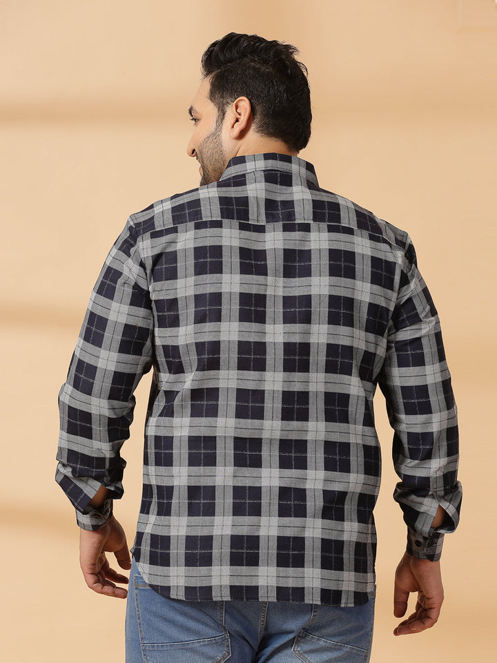 Plus Size Men Spread Collar Tartan Checked Cotton Casual Shirt