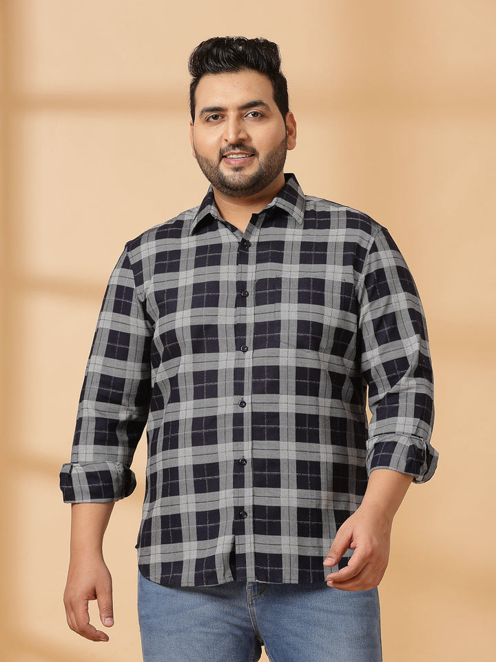 Plus Size Men Spread Collar Tartan Checked Cotton Casual Shirt