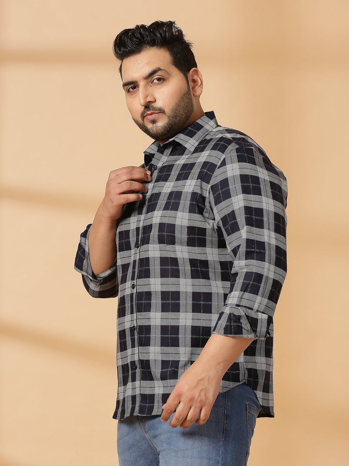Plus Size Men Spread Collar Tartan Checked Cotton Casual Shirt
