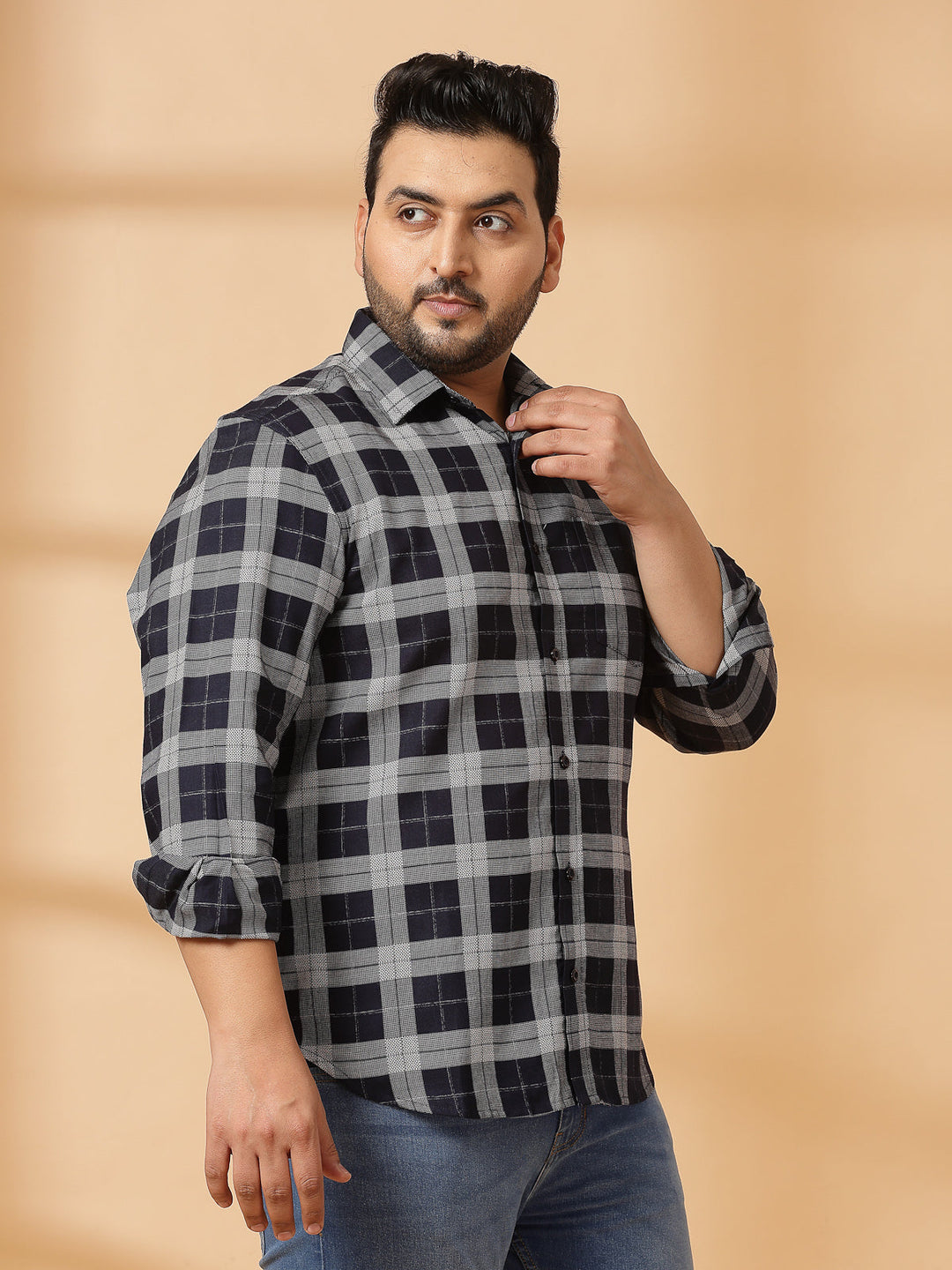 Plus Size Men Spread Collar Tartan Checked Cotton Casual Shirt