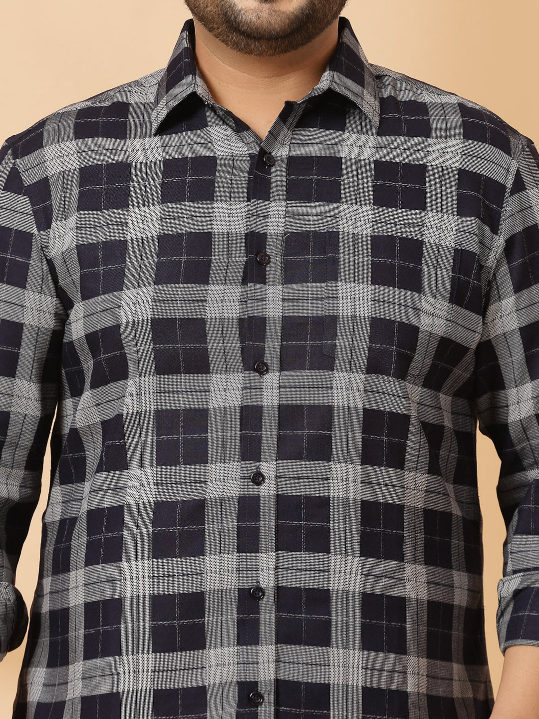 Plus Size Men Spread Collar Tartan Checked Cotton Casual Shirt