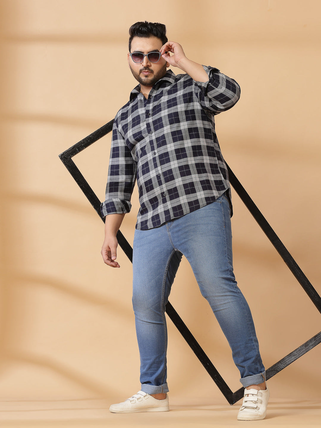 Plus Size Men Spread Collar Tartan Checked Cotton Casual Shirt