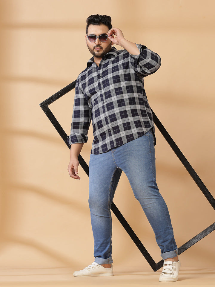 Plus Size Men Spread Collar Tartan Checked Cotton Casual Shirt