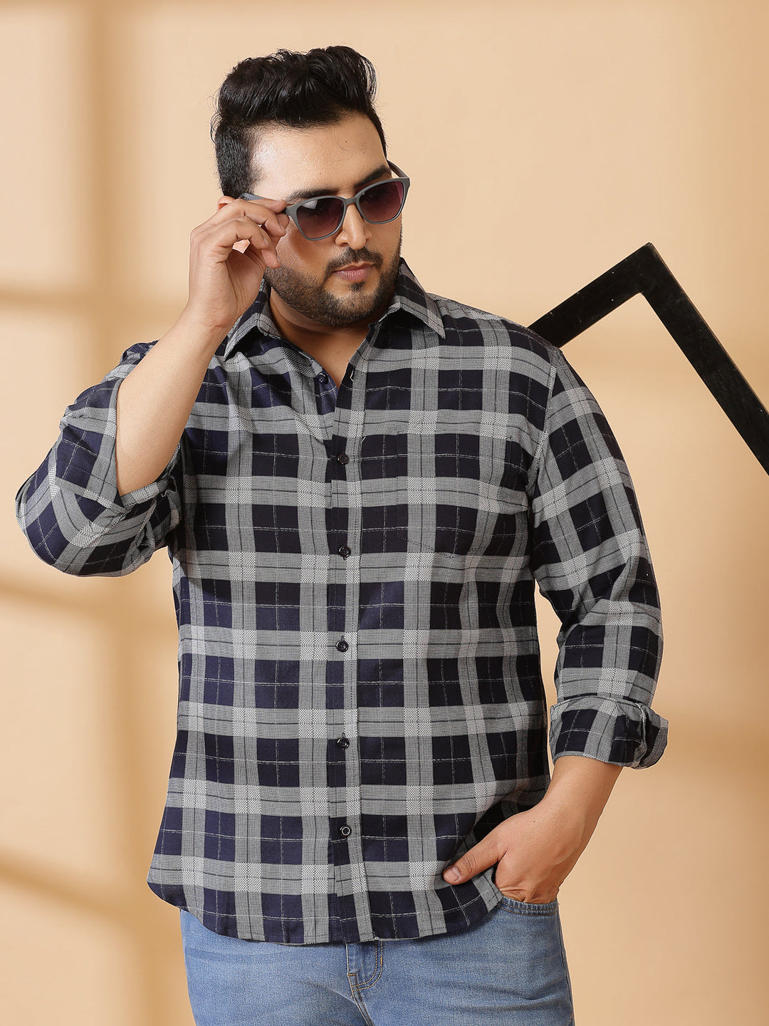 Plus Size Men Spread Collar Tartan Checked Cotton Casual Shirt